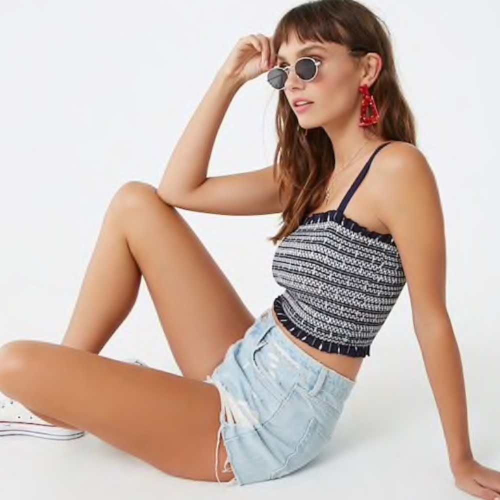 Embroidered Smocked Crop Top